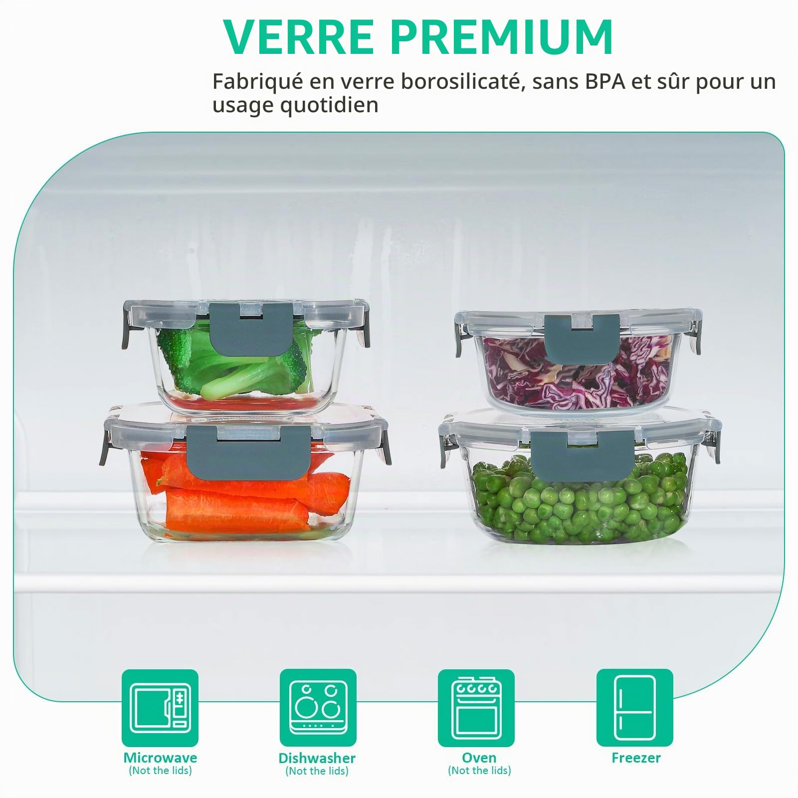 KOMUEE Lot de 12 récipients en verre avec couvercle, contenants repas en verre hermétiques sans BPA - boîtes de conservation pour micro-ondes et congélateur