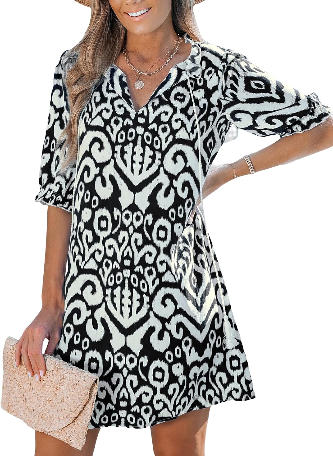 CUPSHE Women's Ruffle Beach Dress Split V Neck with Tassel Tie Elastic Half Sleeve Mini Summer Dresses