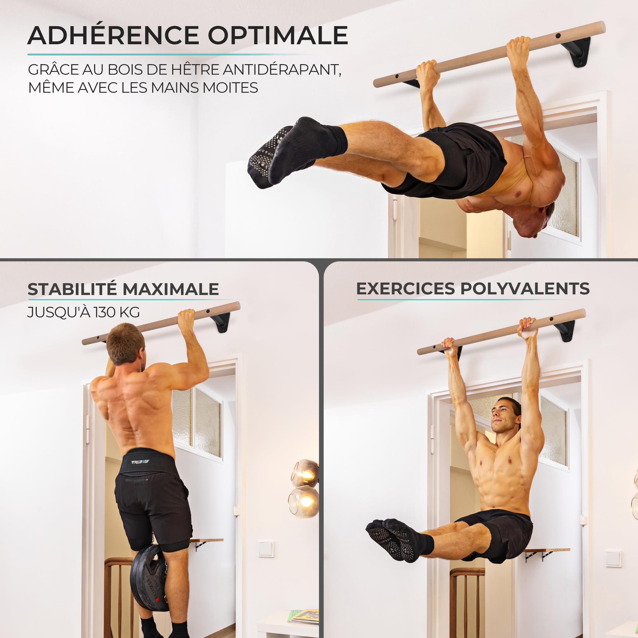PULLUP & DIP Barre de traction en bois – Barre en hêtre à fixer au mur au-dessus d’un cadre de porte – Barre 40 mm pour tractions & renforcement de la prise – Barre de traction murale pour home gym