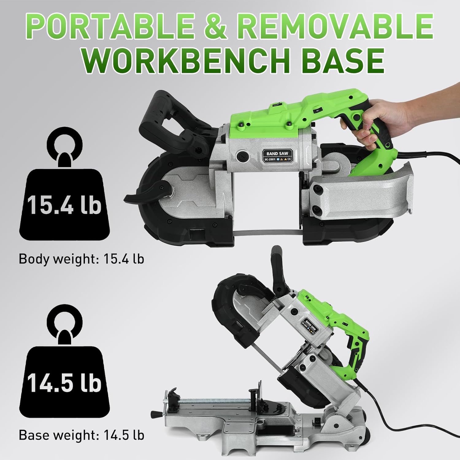 Portable Band Saw with Removable Alloy Steel Base, 10 Amp 5-Inch Deep Cut Metal Bandsaw with 6-Speed Variable Speed, 45°-90° Metal & Wood Cutting Table Saw with LED Light, 2 Blades & Wheels
