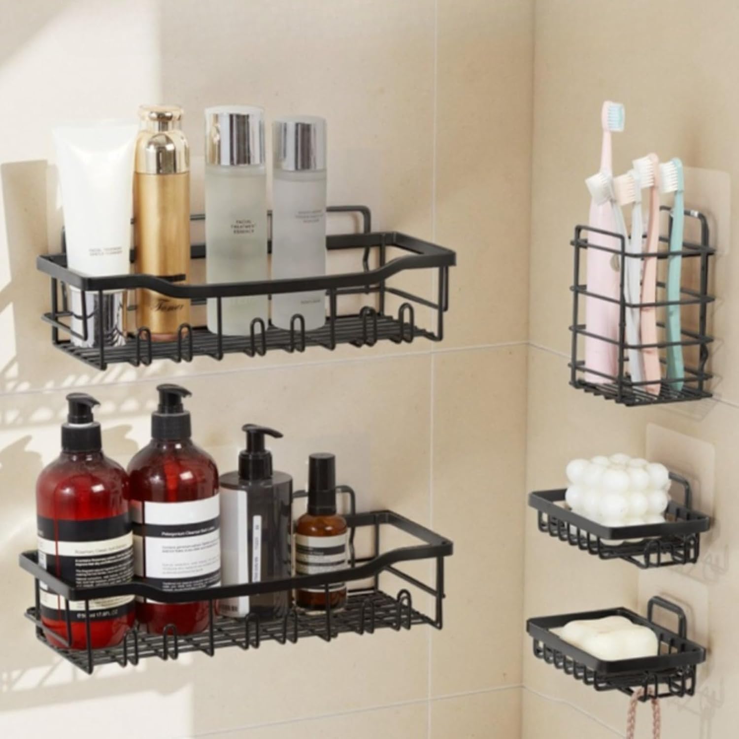 Wheloy Shower Caddy 5 Pack Adhesive Bathroom Storage Organizer Set No Drill Wall Mounted Shower Shelves with Soap