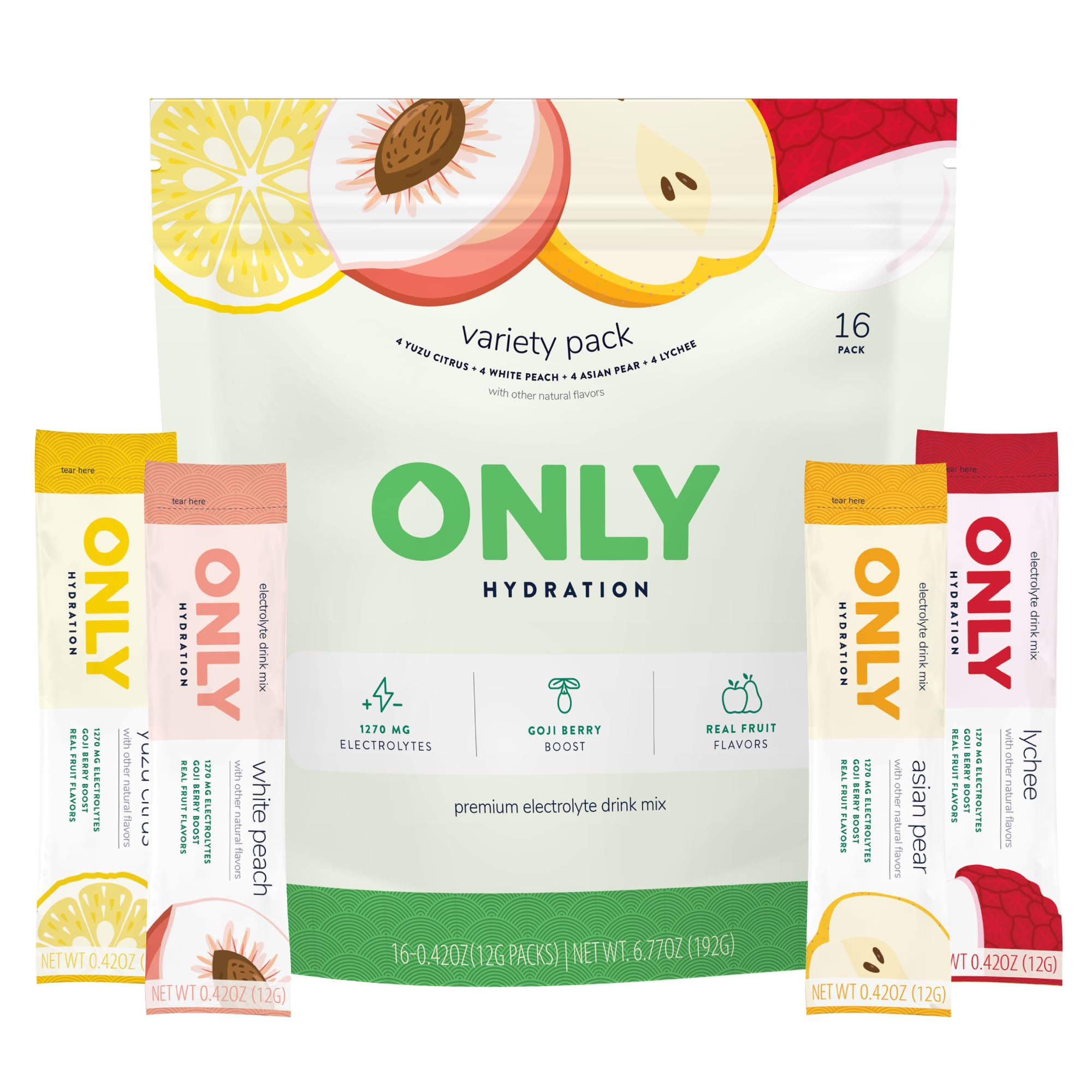 Variety Pack 1270 mg Electrolyte Powder - 3g Sugar - Monk Fruit Sweetener - No Artificial Flavors - Superfood Goji Berry - Vitamins C, B6, B12 - On-The-Go Sticks - 1 Pack (16 Packets)