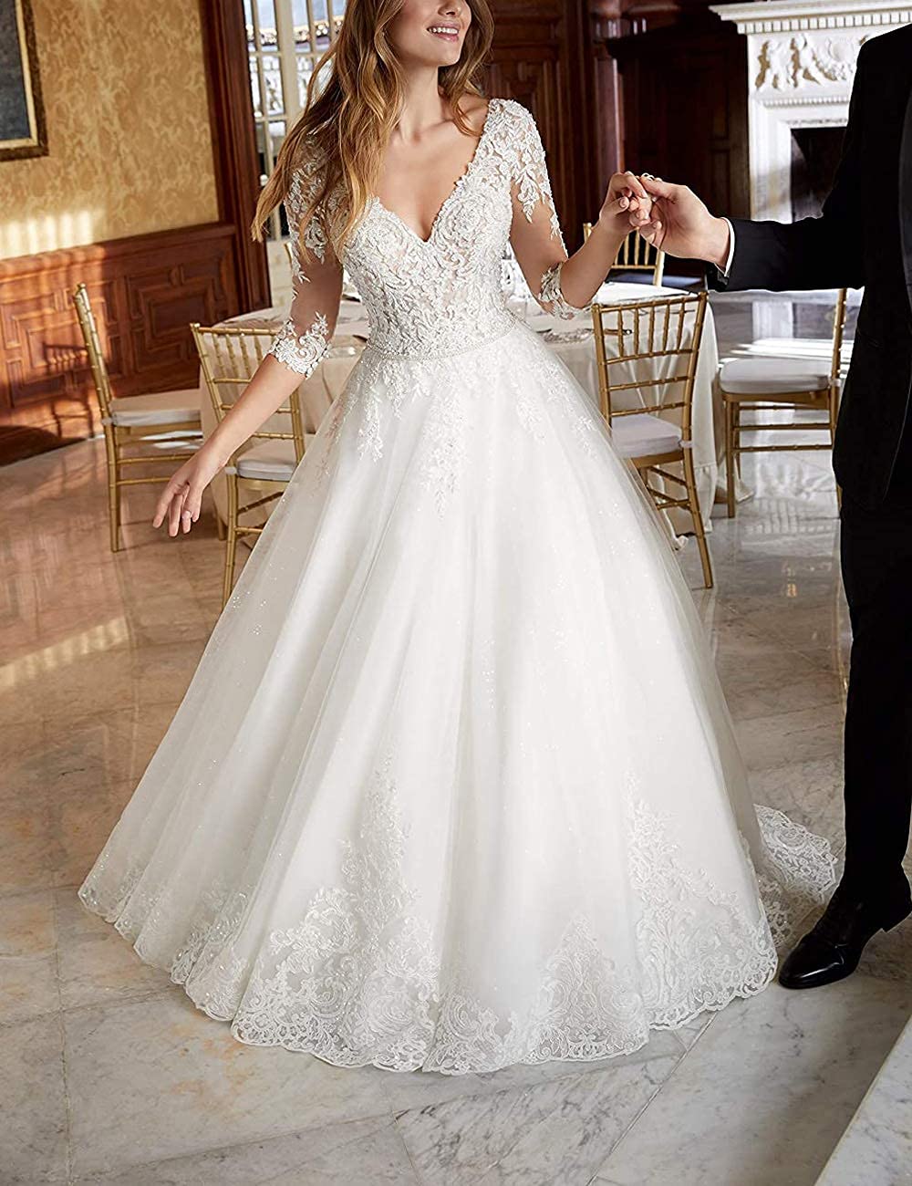 Robe de mariée longue ligne A Princesse Robe de mariée Femme Dentelle Stand Plage Mode de mariée avec manche