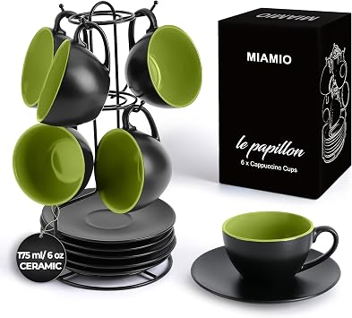 MIAMIO - Set of 6, Ceramic Stackable Cappuccino Cups Set / 6 Ounce Cappuccino Mugs and Saucer with Metal Stand for Coffee Drinks, Cafe, Latte, Americano and Tea - Le Papillon Collection Green