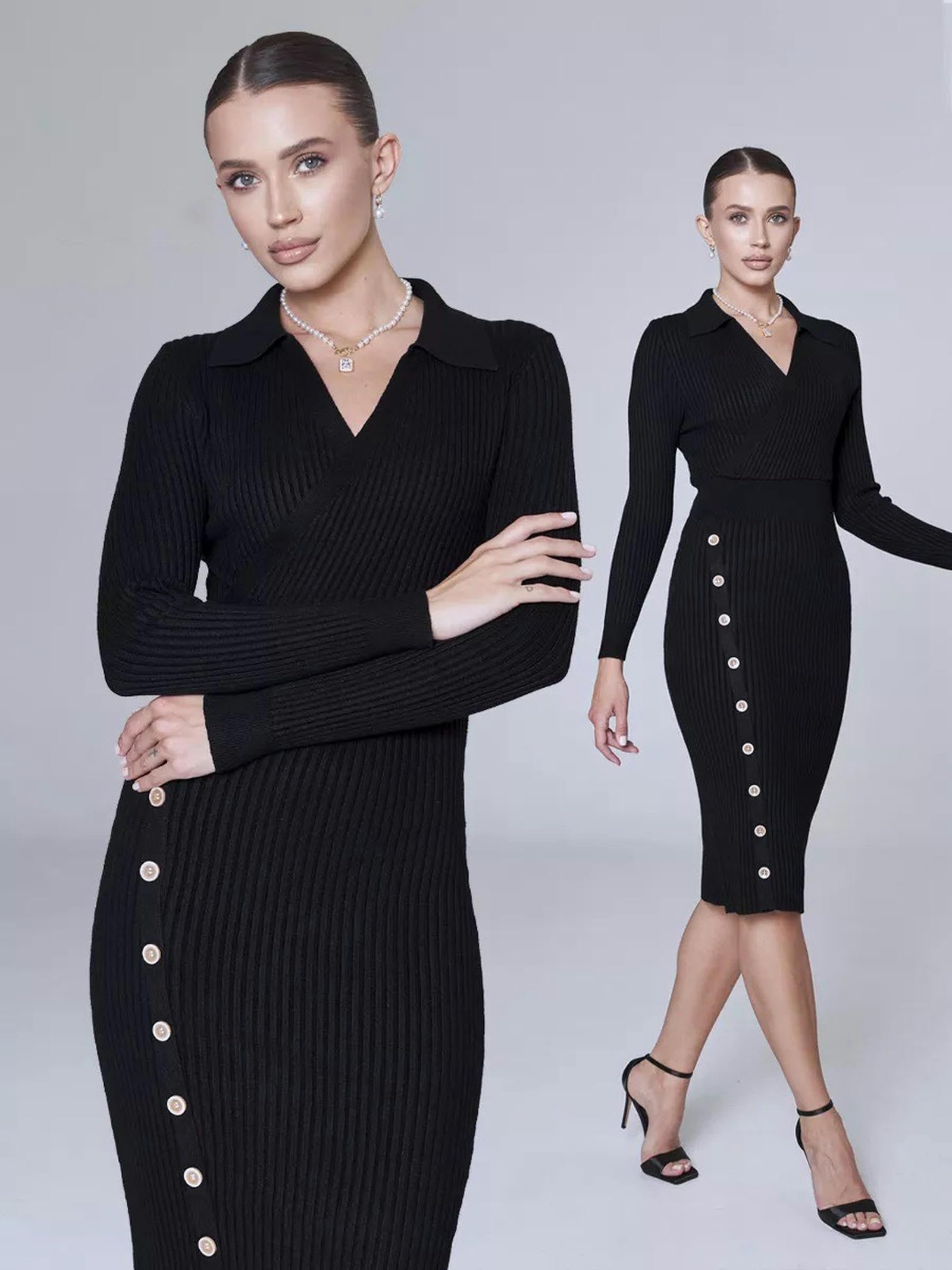Vestito Abito A Maglia Interno A Maglia Autunnale E Inverno Inverno Elegante Gonna Dell'anca per Donne-Nero-l