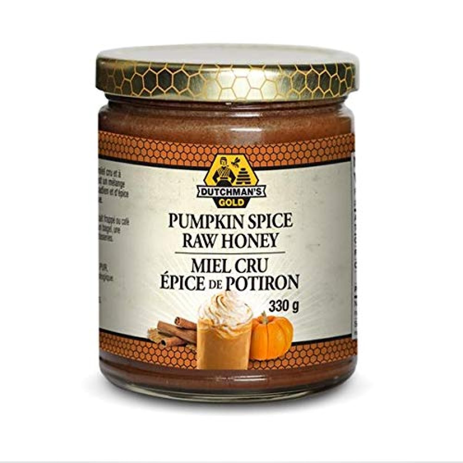 Dutchman’s Gold 100% Raw Honey with Pumpkin Spice, 330g, Unpasteurized and Natural, Smooth and Creamy Spread, Great for Toast, Oatmeal, Pancakes, Seasonal Treats and Warm Drinks, Made in Canada