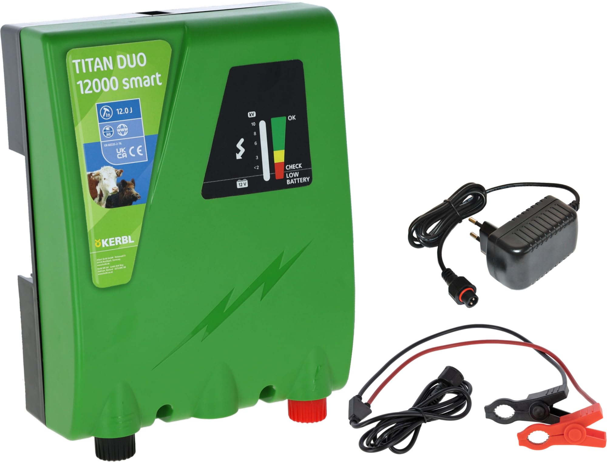 Kerbl TITAN DUO 12000 - Dispositivo inteligente para vallas (12/230 V, entrada 12.00 J, tensión máxima 11.200 V, para vallas de hasta 50 km), fabricado en Alemania