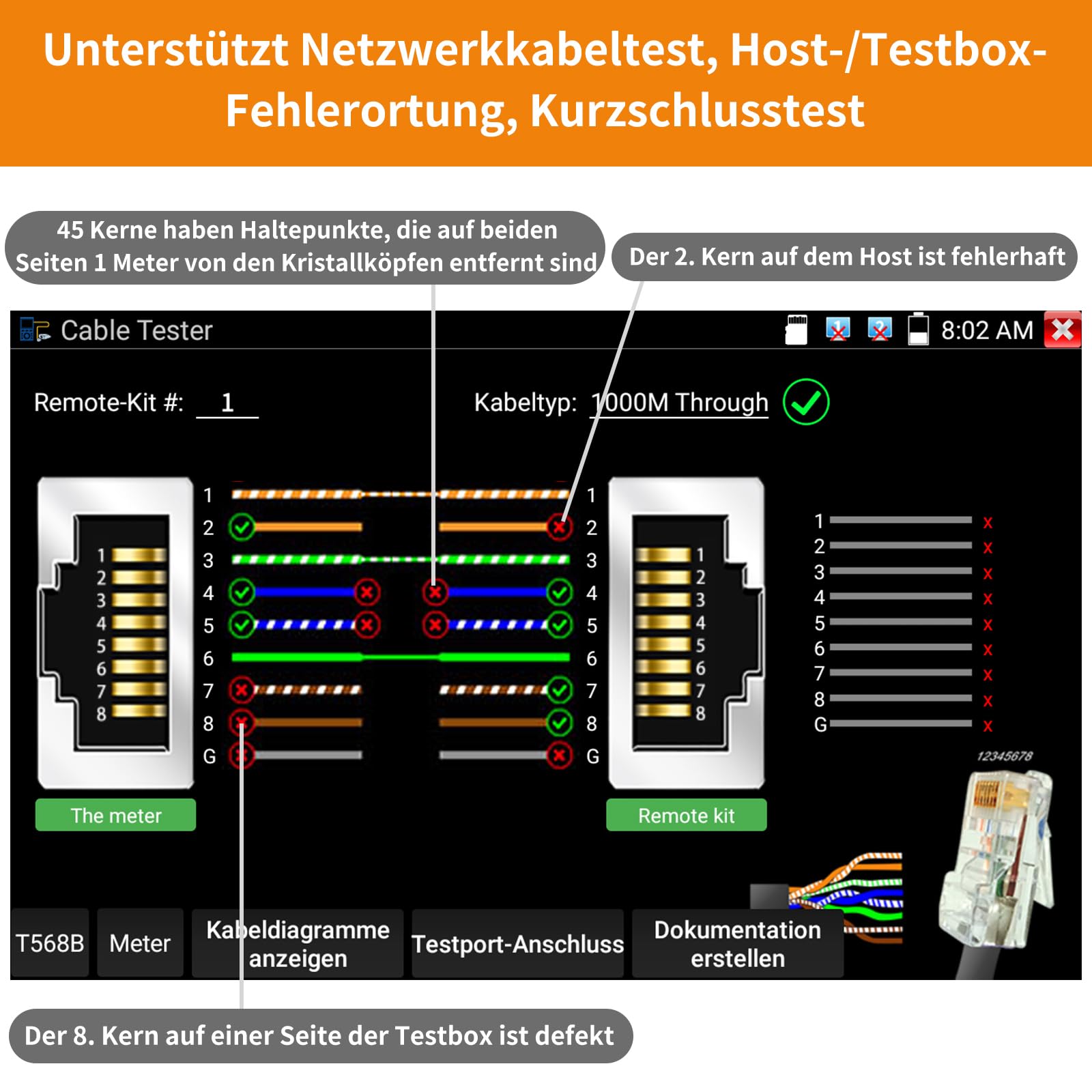 Henkion Tester per cavo di rete per tester per telecamere CCTV, tester per cavi di rete n. 255, accessori per dispositivi di cablaggio, rilevamento di tester di rete RJ45 per tester CCTV, tester per