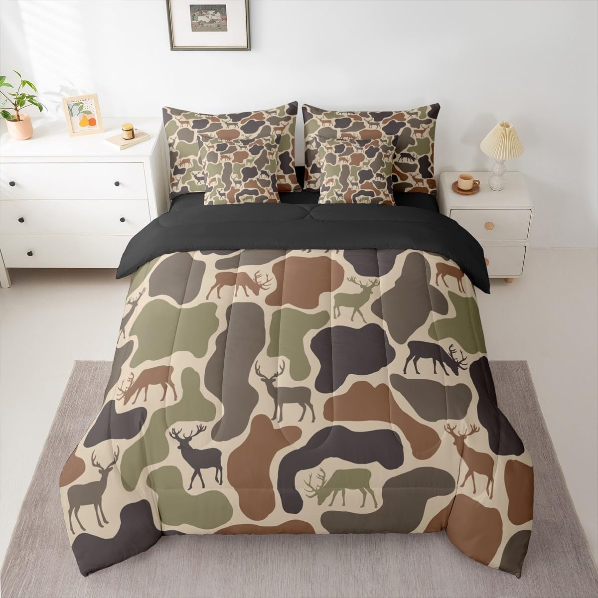 Erosebridal Camo Deer Comforter Set 7 Pcs Camouflage Hunting Deer Bedding Set King Green Military Army Camo Bed in A Bag for Kids Adults Country Hunter Wildlife Sheet Set with Comforter