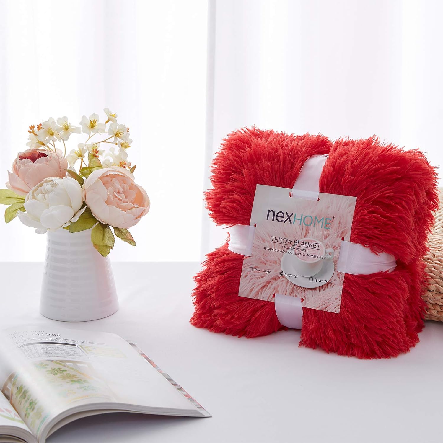 NexHome Soft Solid Reversible Red Faux Fur Blanket Full Size 70" x 78", Fluffy Luxury Fuzzy Plush Comfy Sofa Couch Bed Chair Photo Props Decorative Faux Fur Blankets for All Season Use