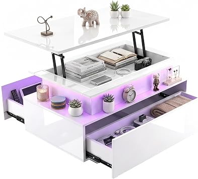 Modern White Living Room Lift Coffee Table with Drawers, Sofa Side Table with RGB Effect, Multifunctional Side Table, Classic and Simple Coffee Table