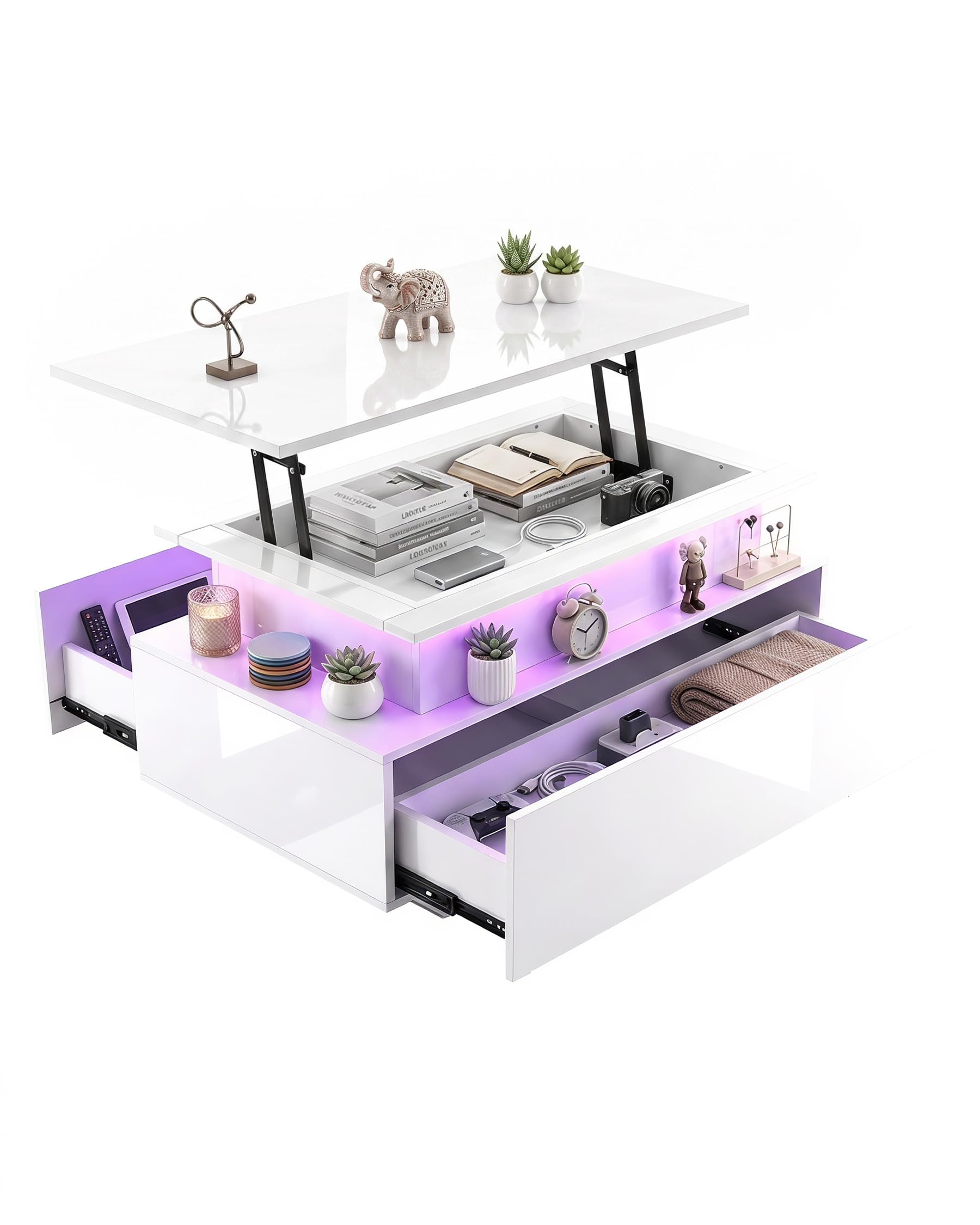 Tavolino da Salotto Rettangolare Moderno, Tavolo Salotto Salvaspazio, Tavolino Trasformabile con 2 cassetti e 1 spazio nascosto, Coffee Table con effetti di luce multicolore