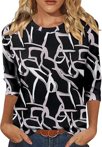 KISSMODA Tunic Tops for Women Loose Fit Dressy Round Neck Pleated 3/4 Length Sleeve Spring Tops