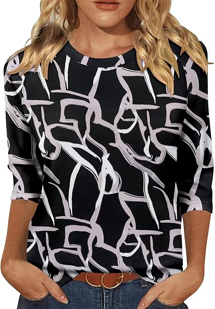 KISSMODA Tunic Tops for Women Loose Fit Dressy Round Neck Pleated 3/4 Length Sleeve Spring Tops