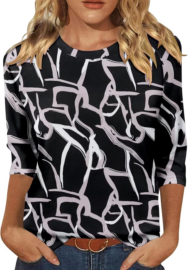 KISSMODA Tunic Tops for Women Loose Fit Dressy Round Neck Pleated 3/4 Length Sleeve Spring Tops