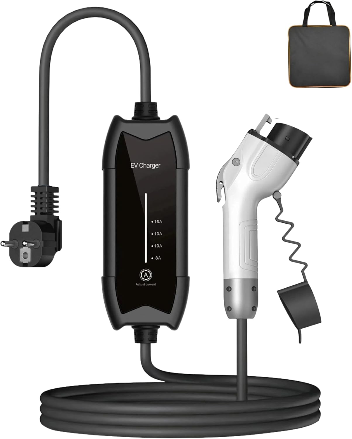 Portable Type 1 EV Charger with EU Schuko Plug, SAE J1772 Home EV Charging Station, 8-16Amp Adjustable, 3.5kW Single Phase, 5m Cable, LCD Indicator