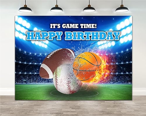 Miniatura 1 de Ticuenicoa Fondo de cumpleaños deportivo de 7 x 5 pies para niños, fútbol, baloncesto, béisbol, fondo de cumpleaños para niños, es hora de juego,