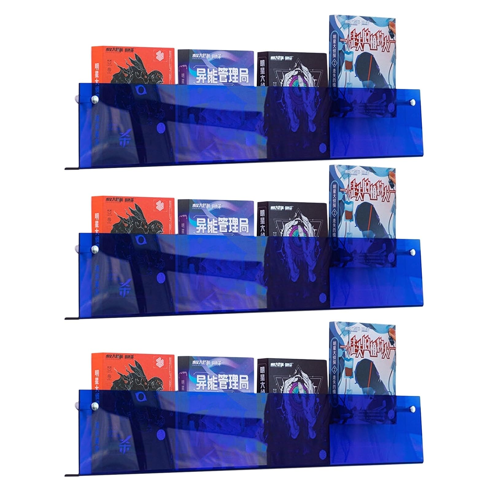 SAeWare Portariviste in acrilico, da parete, per esporre documenti, cataloghi, carta da giornale, 15 cm, lunghezza 15 cm, confezione da 3, blu, larghezza 80 cm