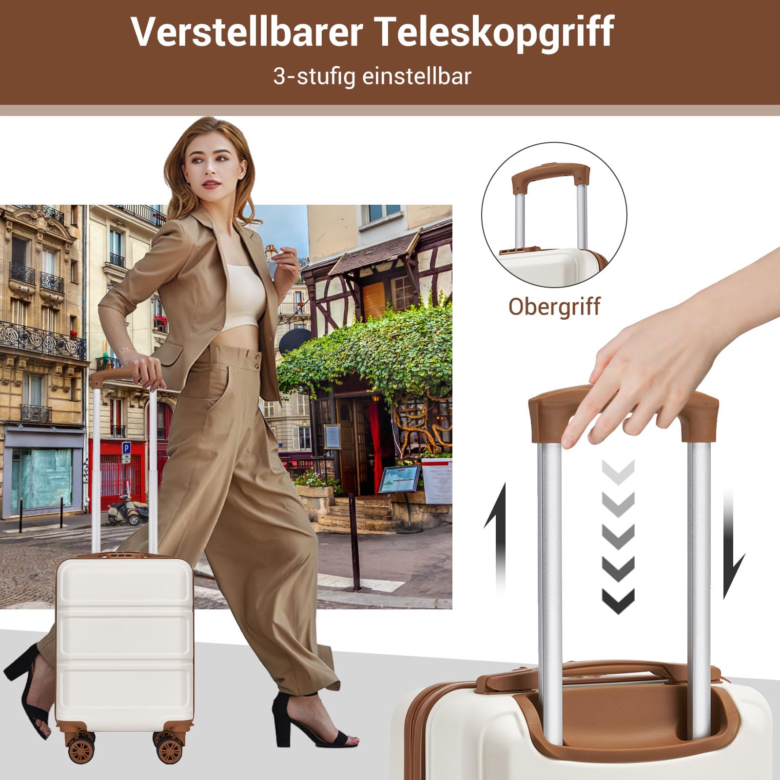 KONO Handgepäck Koffer mit abnehmbaren Rollen, 40x30x20 cm ohne Rollen, Leichter Kabinen-Koffer klein aus ABS+PC für Ryanair, EasyJet & Eurowings (Creme Weiß)