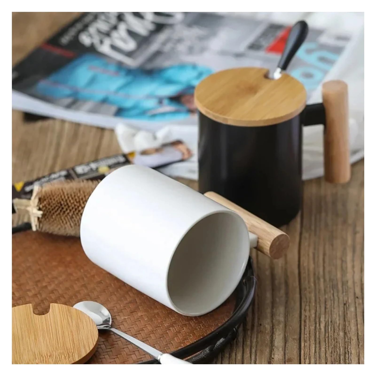 Tasse Mit Deckel 2 stücke 310ml Keramik Holz Griff Kaffee Tasse Mit Deckel Und Löffel Milch Paar der Becher(Black)