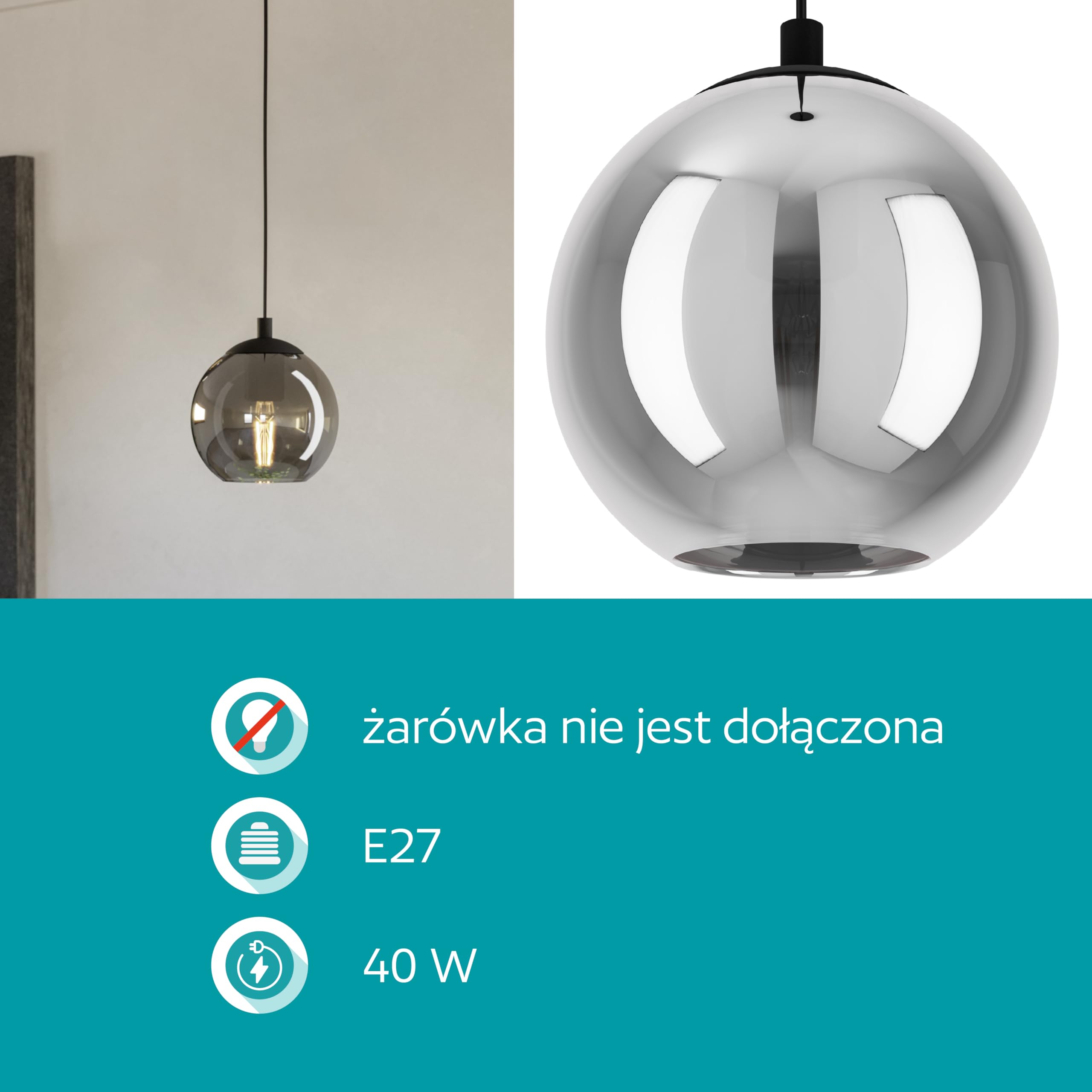 EGLO lampa wisząca Ariscani | oprawa zwisająca stół do jadalni światło zwisająca z metalu w kolorze czarnym i dymnym oprawa E27 Ø 20 cm