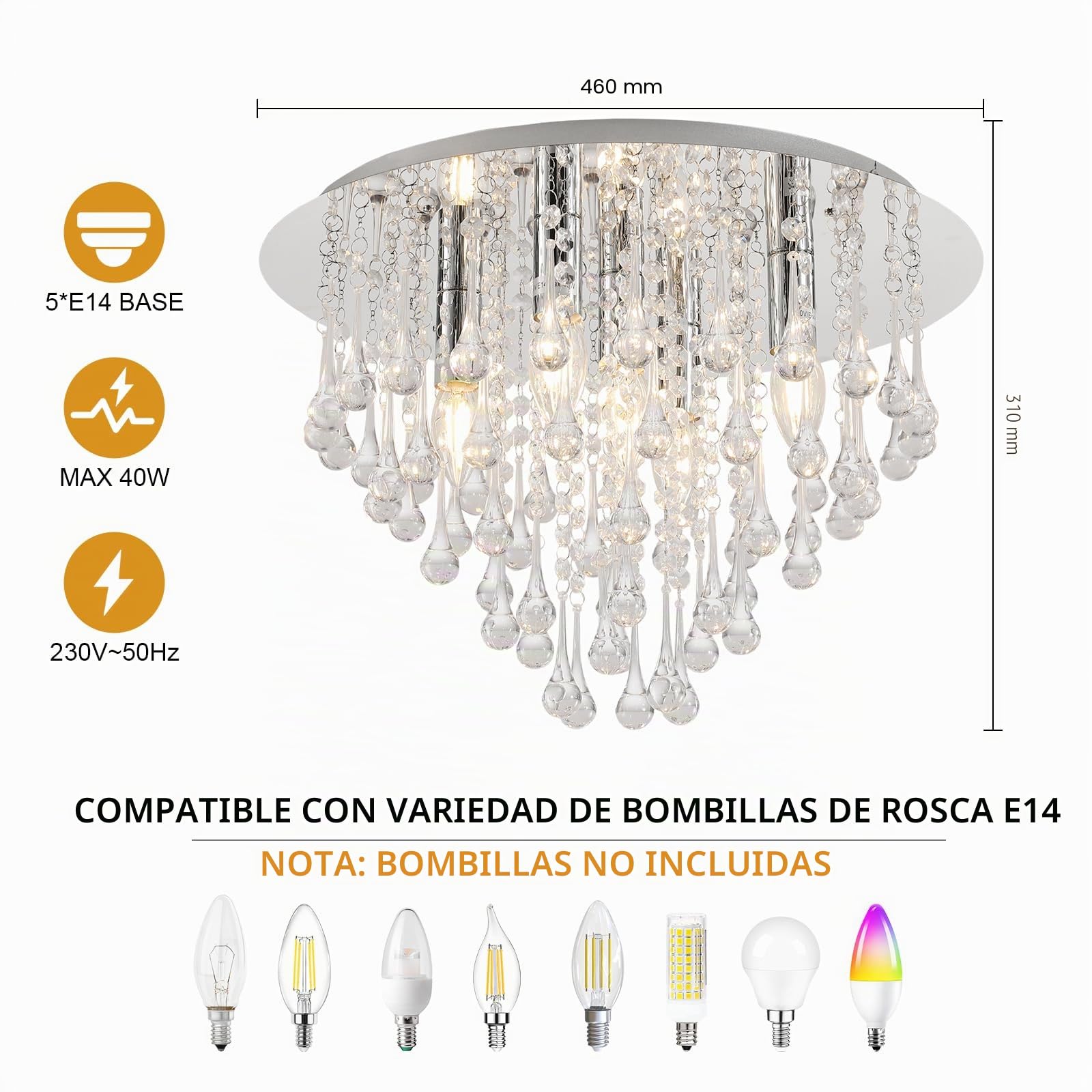 Lámpara de techo artística/excepcional lámpara de araña (vidrio/cristal) Ø46 cm, transparente con ribetes