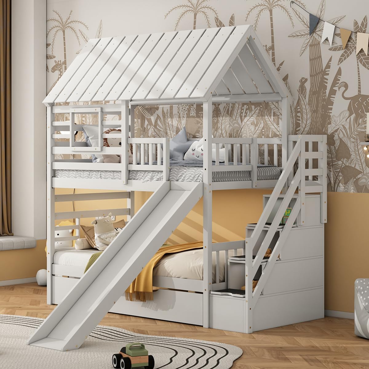 Harper & Bright Designs Kids Bunk Bed Frame with Slide for Boys Girls, Twin Over Twin House Bunk Bed with Trundle and Stairs for Kids Boys Girls, No Box Spring Required, Space Saving, White