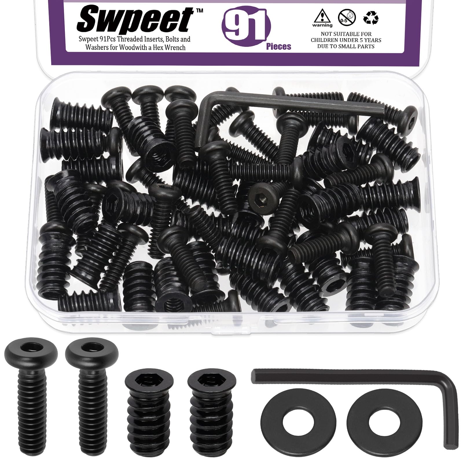 Swpeet 30 Sets 1/4-20 Black Zinc Plated Threaded Inserts and Bolts Washers Kit, 1/4-20×20mm Flat Head Hex Socket Furniture Bolts for Woodworking, Hex Drive, Allen Wrench, Total 91Pcs