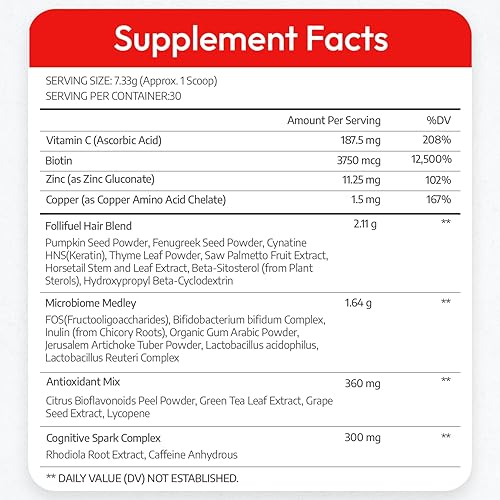 Miniatura 8 de Follifuel - Bebida para el crecimiento del cabello para mujeres y hombres  25 vitaminas para el cabello en 1 cucharada  Biotina, Cynatine HNS, zinc,