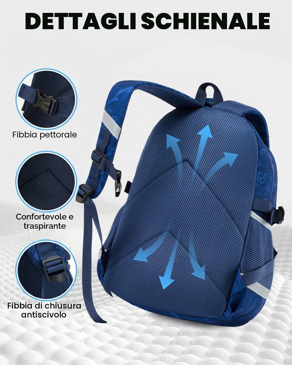 Amythe Zaino Scuola Ragazzi Classi da 1 a 4 Luminoso Leggero Moda, Squalo | Viaggio Riflettente Leggero Squalo Daypack Multitasche Capiente Resistente per Scuola Escursione Tempo Libero