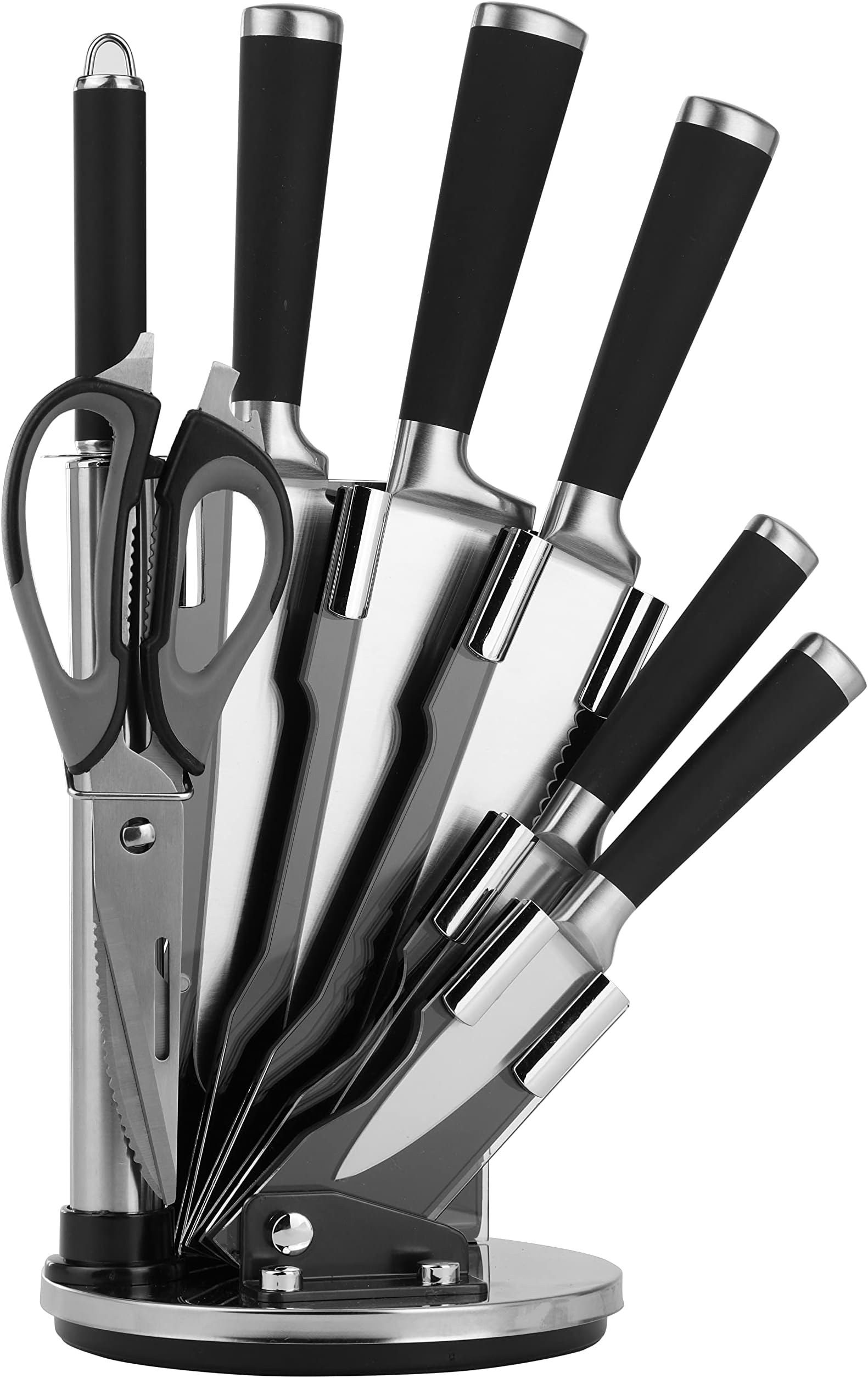 Knife Set with Rotating Block, Best Gift Set, Stain Resistant Stainless Steel, Includes Cleaver, Chef, Paring, Bread, Slicing & Utility Knives, Shears & Sharpening Rod, Comfortable Grip Handles, 8 Pc