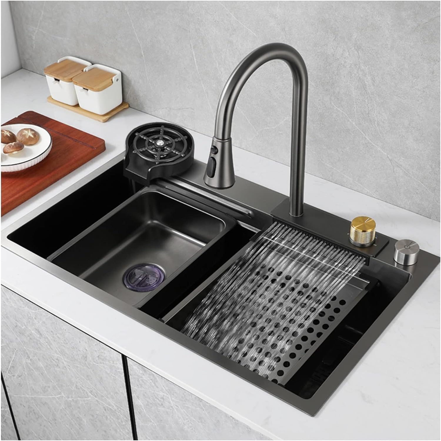 Stainless Steel Waterfall Sink, Multi-Function Bar Prep Sink, Nano Kitchen Sink with Faucet and Cup Washer Drop in Or Under Mount for Kitchen Hotel (Grey-80x45x22cm