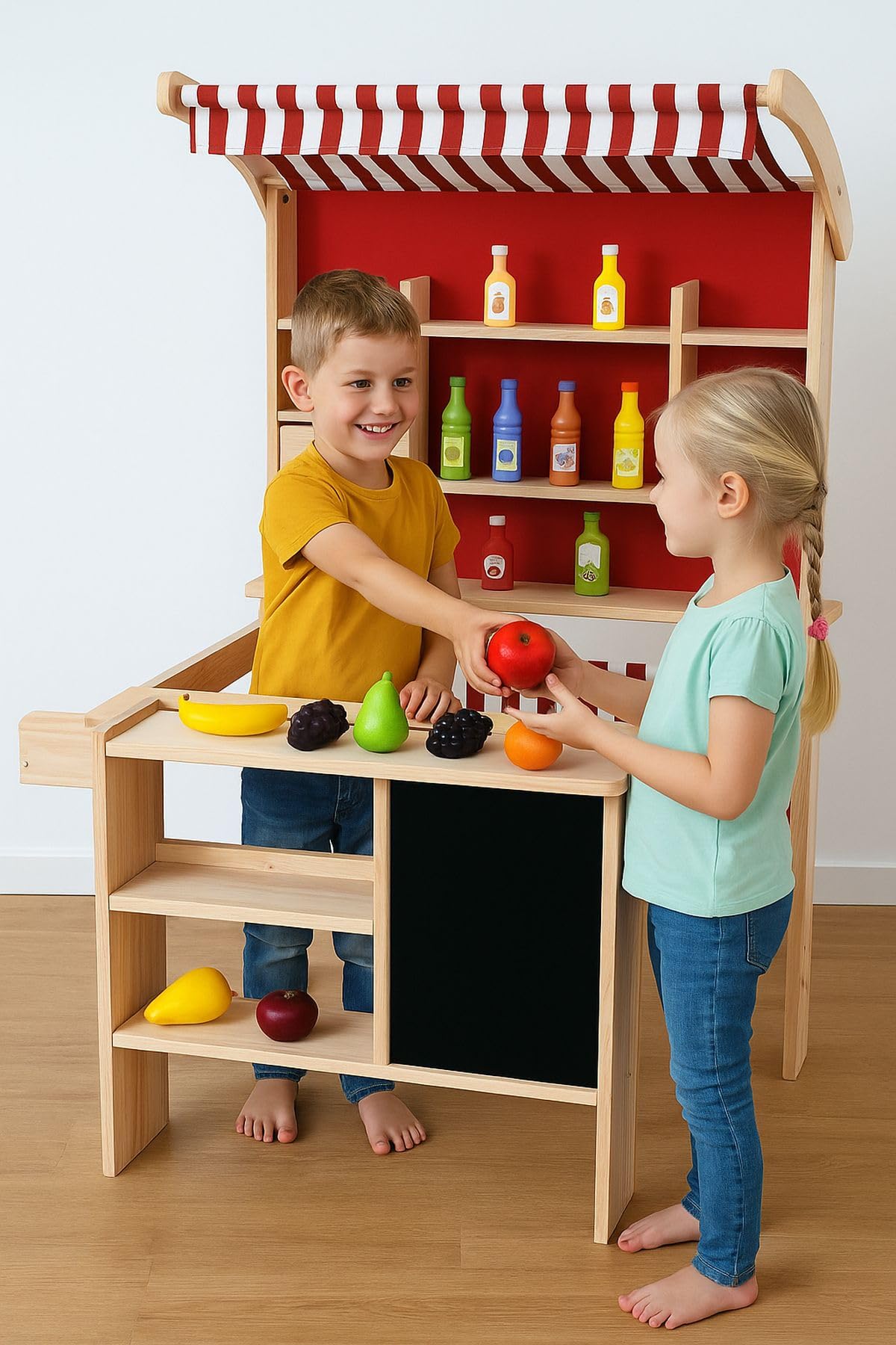 Market in Legno per Bambini con Banco Vendita e Accessori Alimentari, Lavagna con Gesso e Tenda Negozio Gioco di Ruolo Educativo Stabile Sicuro Struttura Robusta 84x64x117 cm Regalo Bambini 3