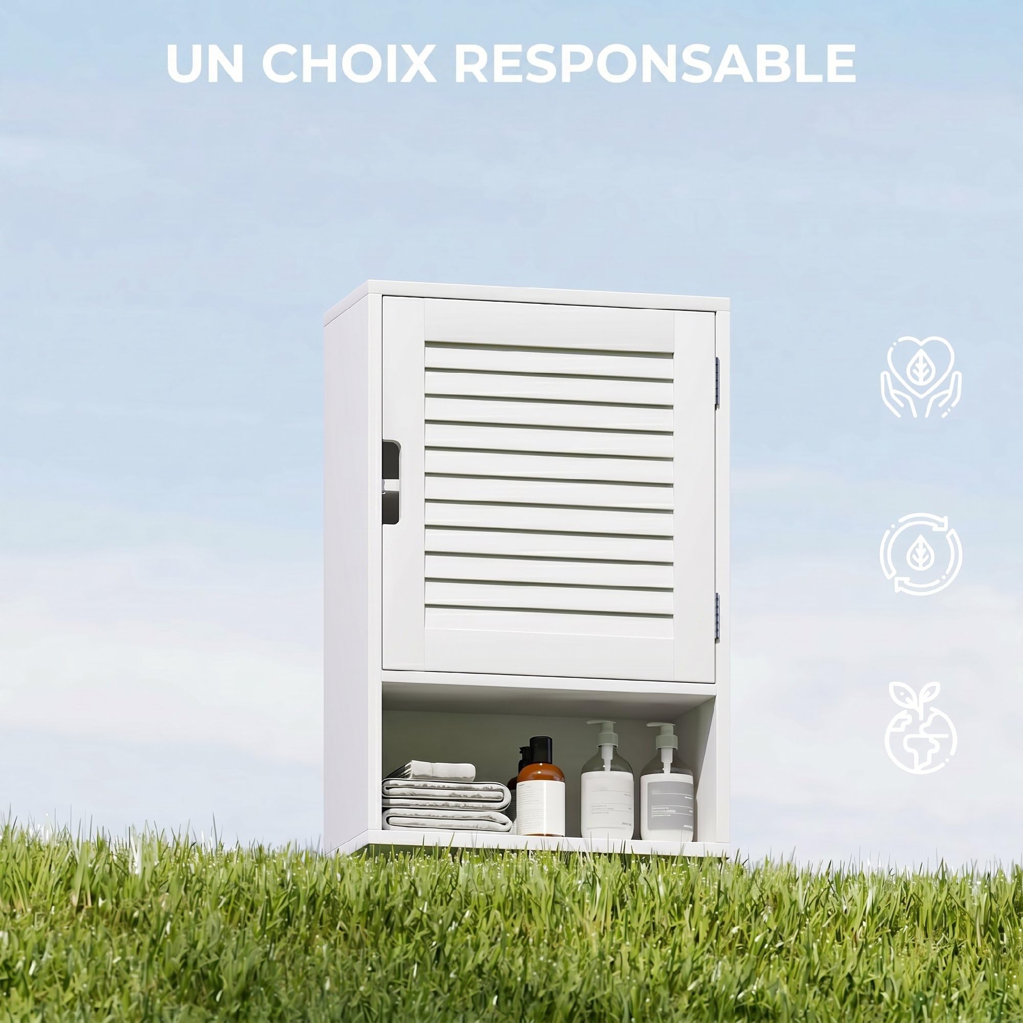 HOMCOM Armoire Murale de Salle de Bain, Meuble de Rangement Suspendu pour Salle de Bains avec Porte à Lattes, étagère réglable et Compartiment Ouvert, Meuble WC Suspendu, 40x20x60cm, Blanc