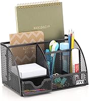 Vista 7 de Organizador de escritorio con cajón, clasificador de malla de alambre de escritorio con 6 compartimentos para bolígrafos, lápices y letras. Negro