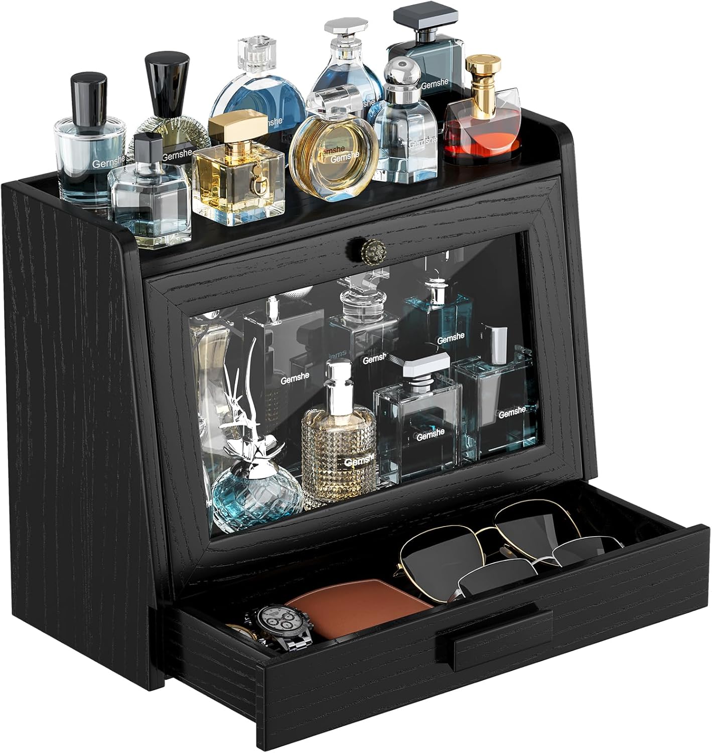 Ash Wood Cologne Organizer for Men,Cologne Stand with Acrylic Door,Large Capacity Cologne Holder Display Shelf with Drawer,Perfume Stand Organizer for Mens Dresser,Great Gift for Men,Walnut