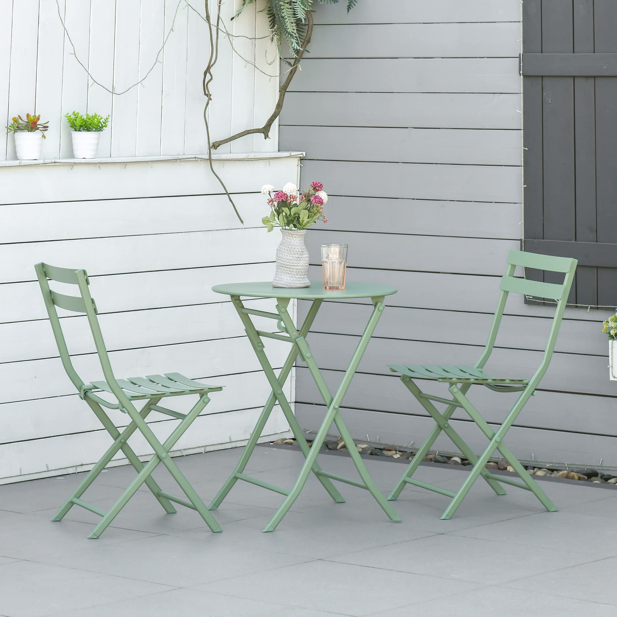 Outsunny Salon de Jardin 2 Personnes - Table Bistrot Pliable Ronde Ø 60 cm avec 2 Chaises Pliantes Métal Thermolaqué Vert