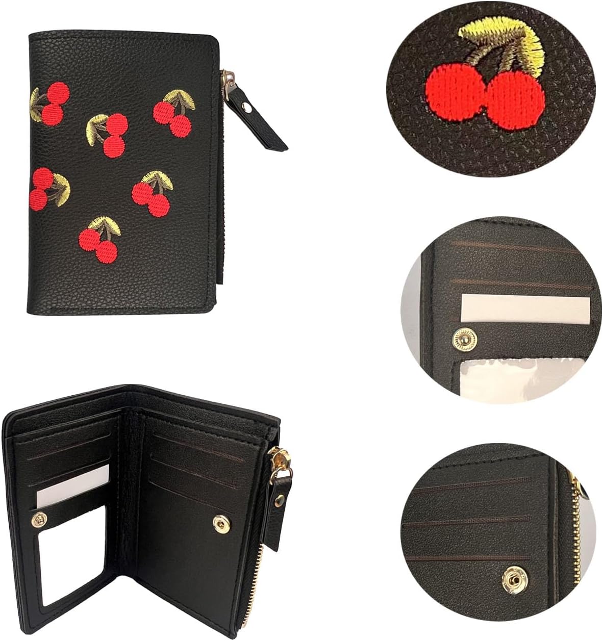 Small Wallet Women I Cherry Wallet I Women'sCute Embroidered Short Wallet I Women and Girls Daily Life Fashionable Versatile Pu Leather Zipper Wallet I Cherry Print Ladies Mini Purse (Black) - Image 4