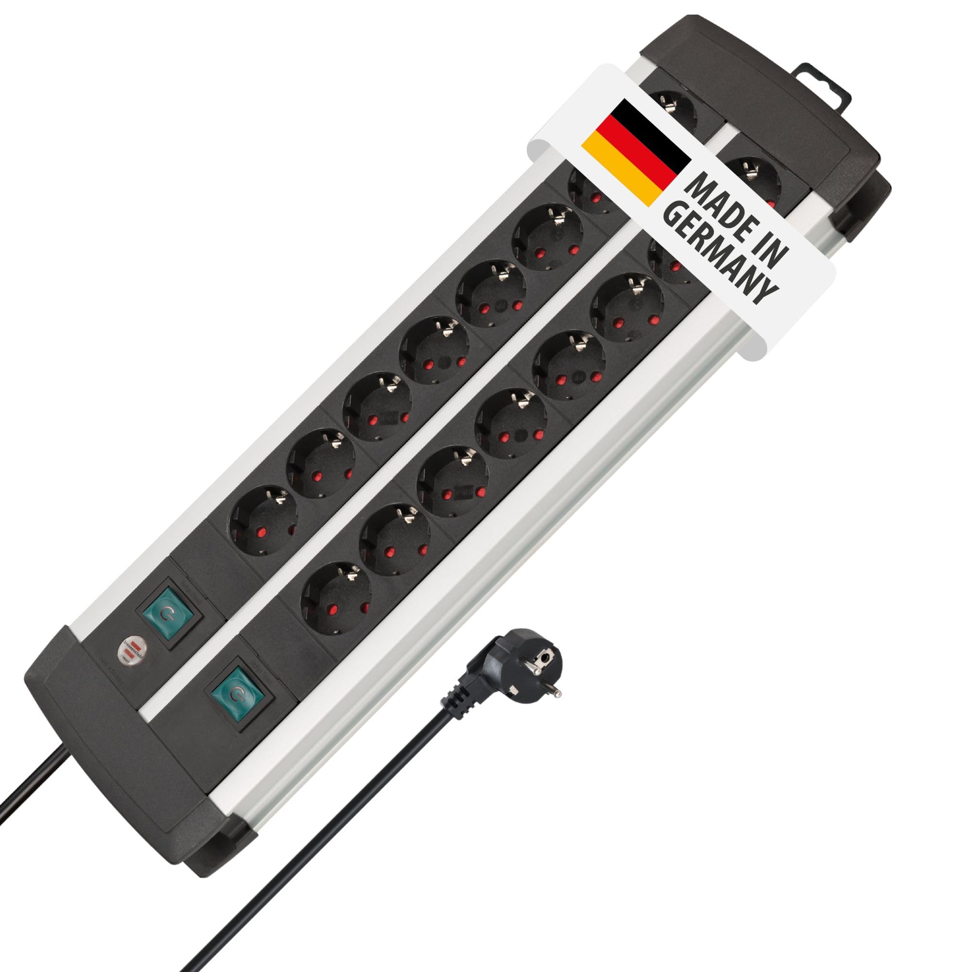Brennenstuhl Premium-ALU-Line regleta enchufes con 16 Tomas y Interruptor Individual (Cable de 3m, 2X Interruptor Iluminado, Fabricado en Alemania)