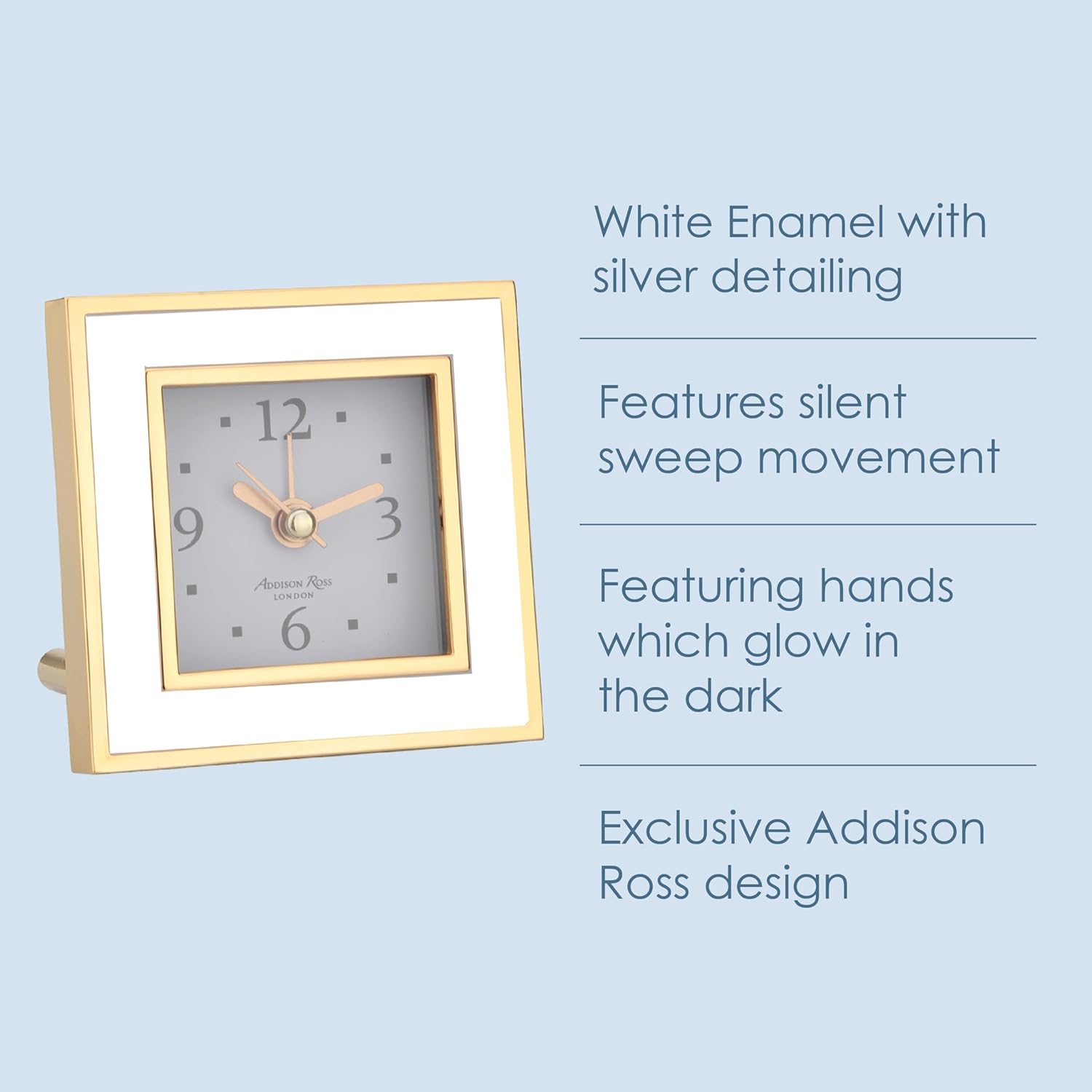 Addison Ross Battery Alarm Clock – Silent Sweep – Compact & Stylish – Alarm Clock Bedside – Velvet-Backed Design/Home & Office Decor – White & Gold