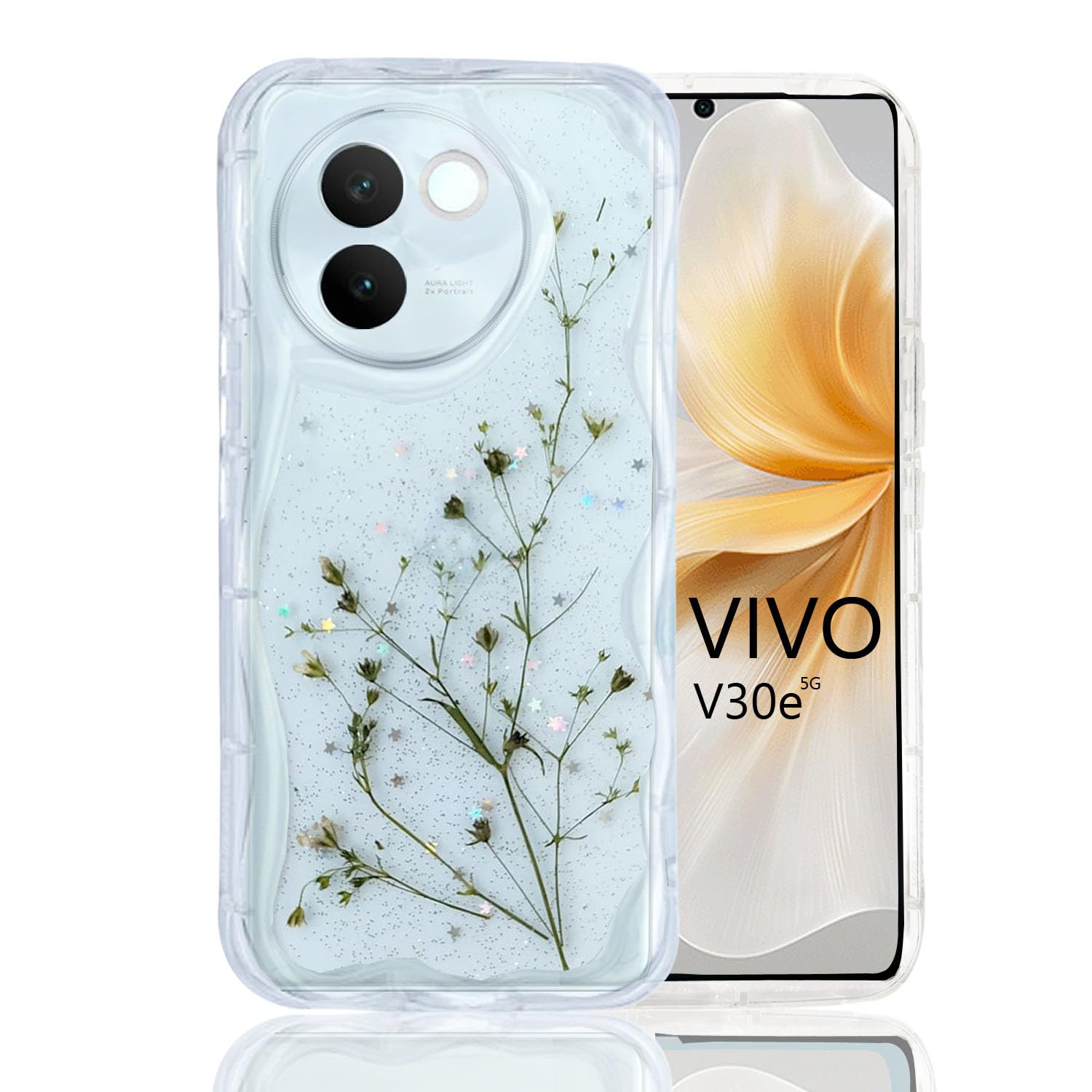 KC Back Cover for Vivo V30e 5G - Curly Wave Flexible Floral Dried Pressed Epoxy Real Flowers Dry Fixed Glitter Soft Silicone Camera Protection Case (Transparent) (B0D9DCDDQ1) Amazon Price History, Amazon Price Tracker