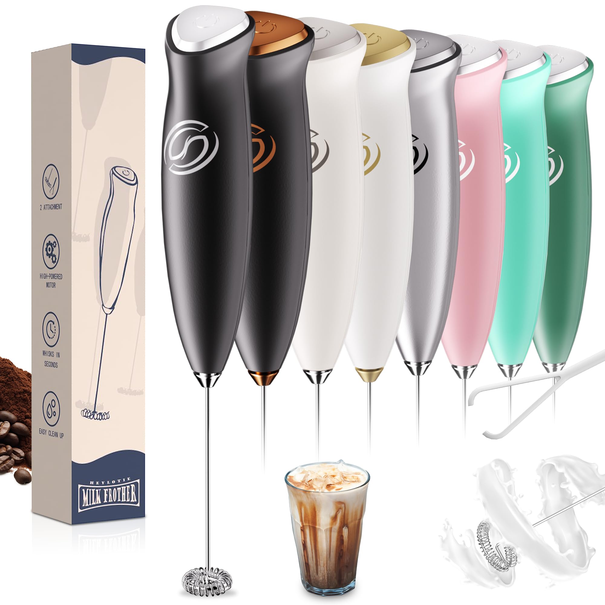 Milk Frother Handheld Frother Wand Drink Mixer Handheld Coffee Stirrers Electric Frother for Coffee Mixer Wand with 2 Whisk frother for protein powder coffee frother handheld -Black