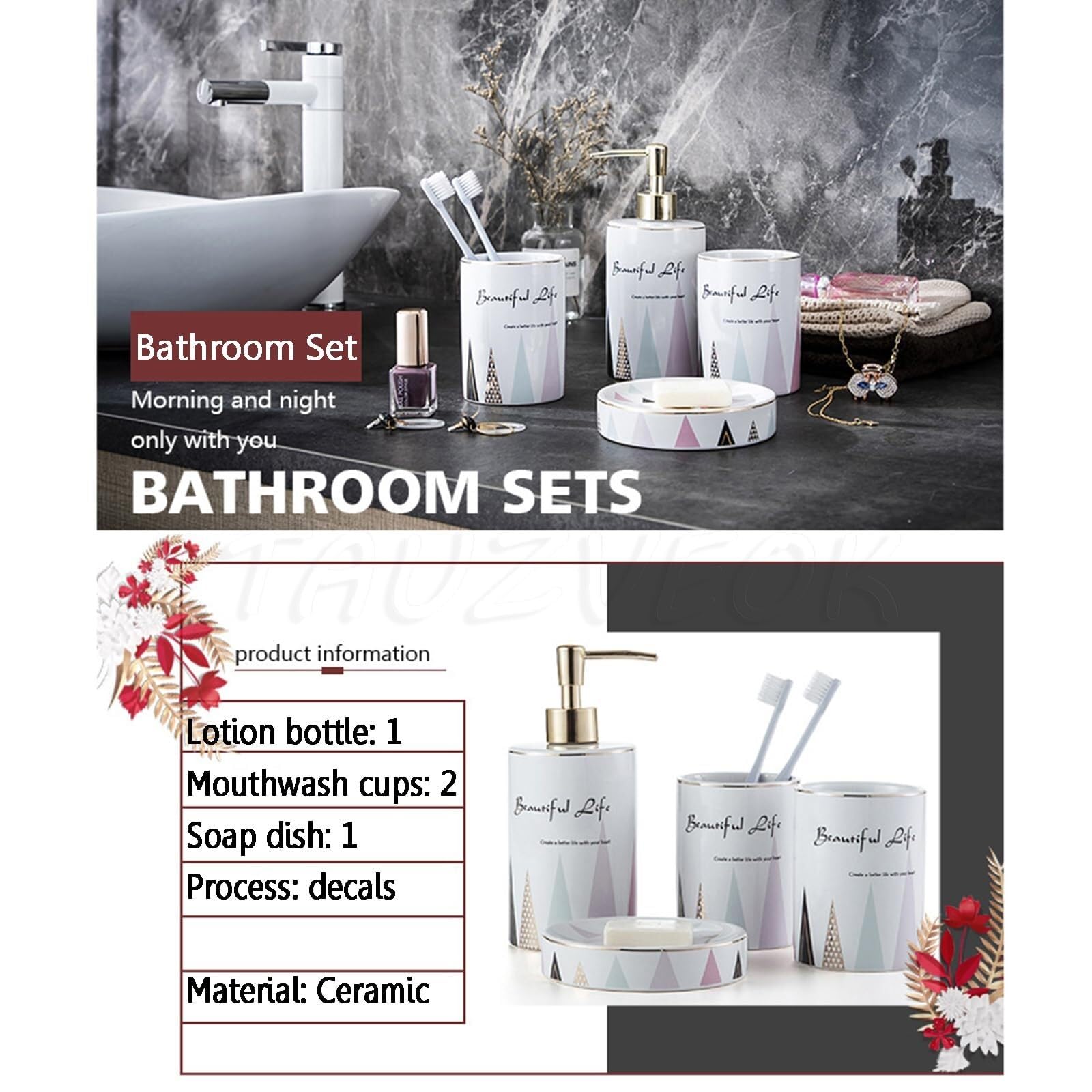 Juego de 4 dispensadores de jabón de baño, dispensador de jabón de cerámica, juego de vasos para cepillo de dientes, accesorios de baño con plato para decoración, decoración de lujo Badrum