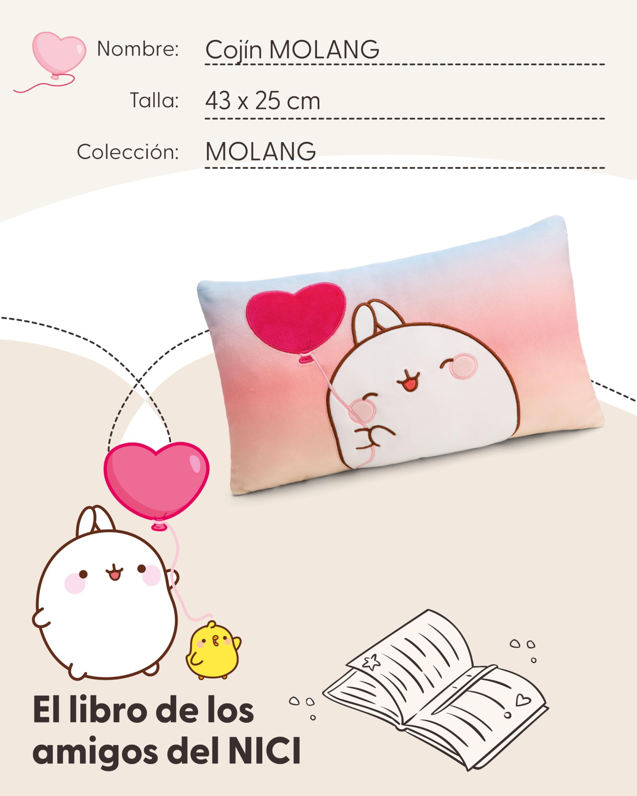 NICI cojín MOLANG 43x25cm colorido - Cojín de peluche mullida para niños, niñas, bebés y amantes de los peluches, ideal para casa, la guardería o de viaje - 61677