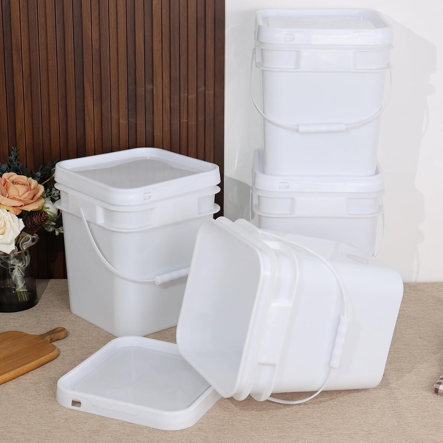 Gloreen 4-Pack 2.9 Gallon Square Plastic Bucket with Sealed Lid, Small Food Bucket Pail with Lid and Handle, White