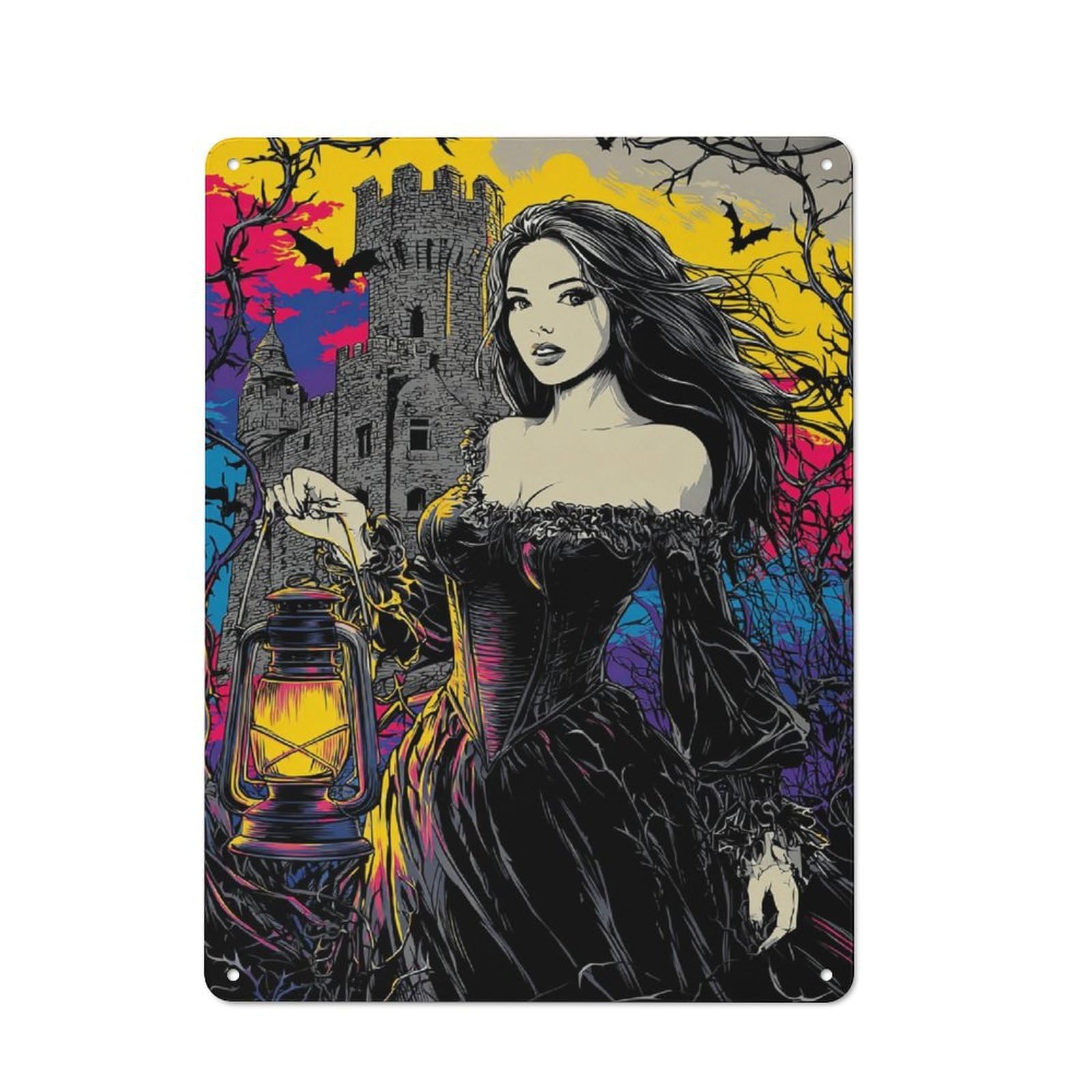 Junmoney Enchanted Castle Lantern 40X30cm Vintage Tin Sign With For Hobby Room Or Studio, For Winter Interiors And Metal Sign Collectors