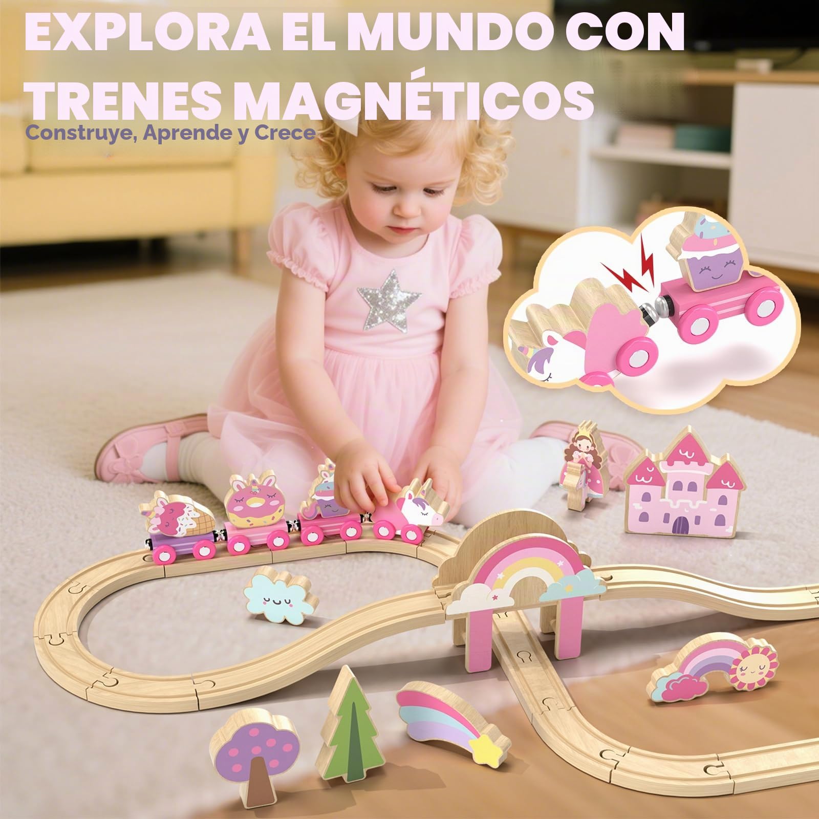 Lehoo Castle Tren Madera Juguete, Juguetes de Unicornio para Niñas, Juguete de Tren Compatible con Thomas, Brio y Hape, Juguetes para Niñas de 3 4 5