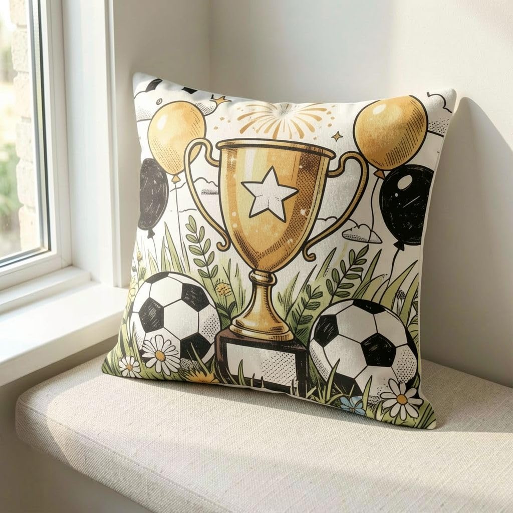 Soccer-03 Soccer Champion Trophy Throw Pillow Cover, Golden Cup Football Cushion