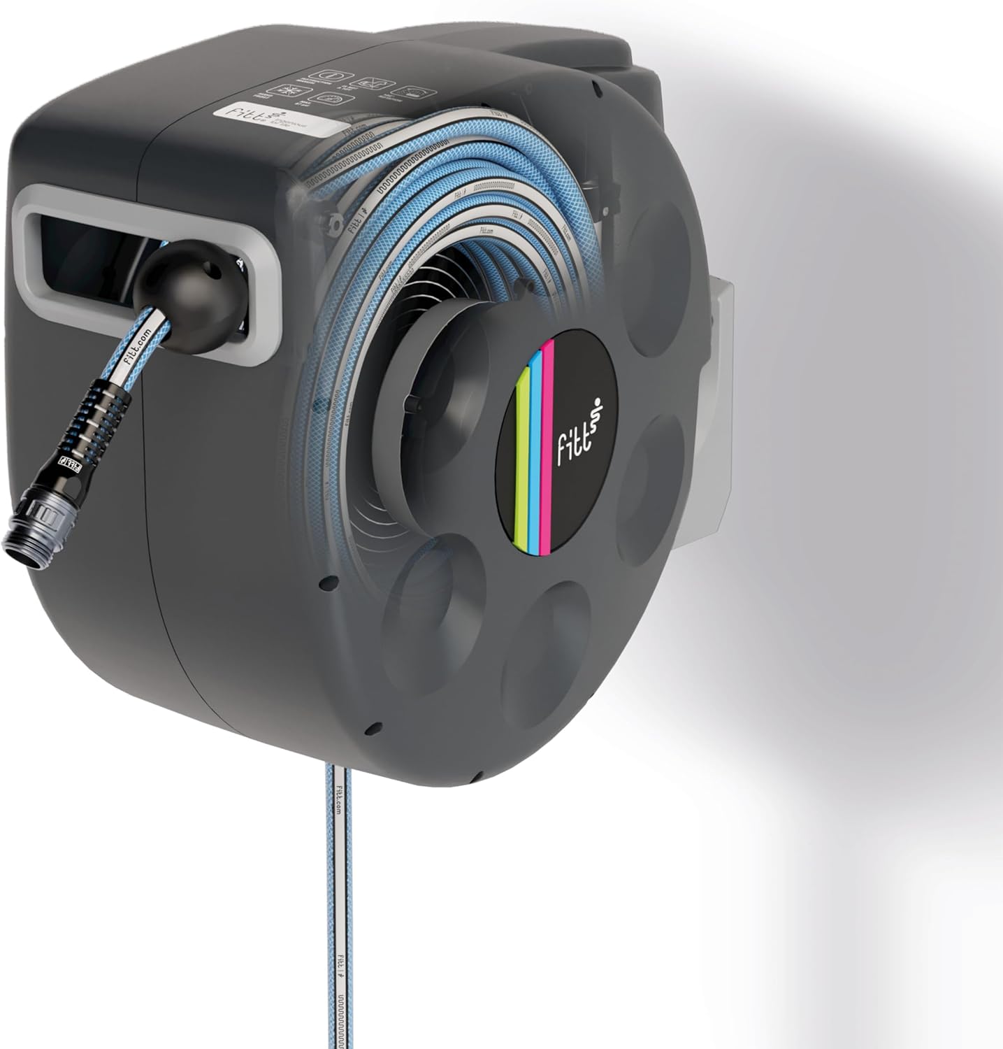 FITT Spreel Retractable Hose Reel, Wall-mounted, locks to any Length, slow Rewind, 100-Feet Hose and Leader Hose included