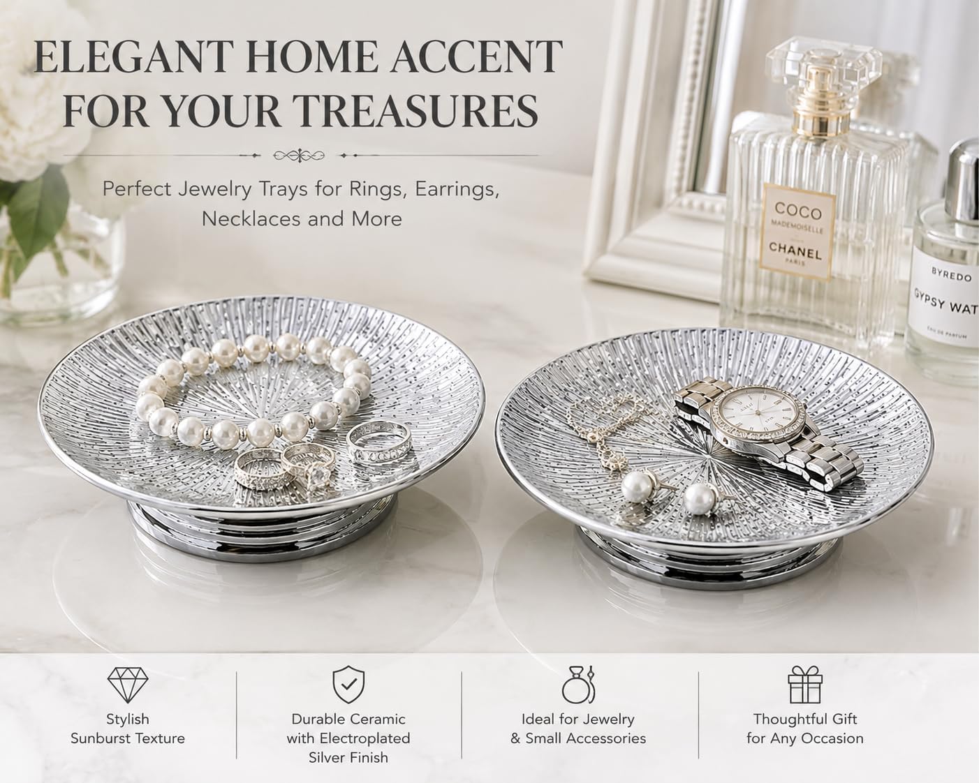 Silver Ceramic Decorative Tray Set of 2, Electroplated Sunburst Jewelry Trays, Pillar Candle Holder Plates, Soap Dishes & Trinket Trays for Bathroom, Vanity, Bedroom & Home Decor image 2